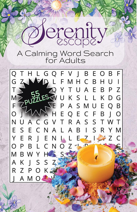 Serenity Escape A Calming Word Search for Adults Cover of word search book called Serenity Escape: A Calming Word Search for adults. The book is a lavender with a lit candle and flower petals.