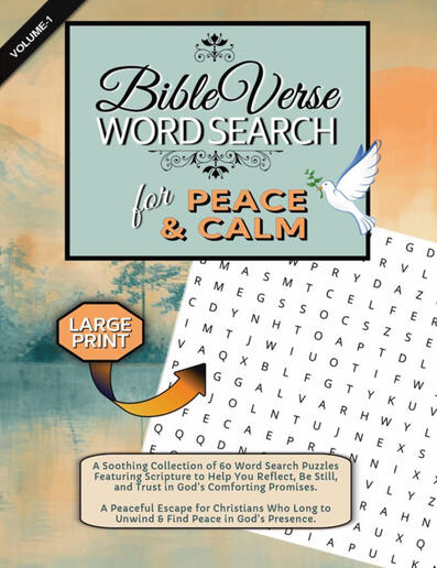 Bible Verse Word Search for Peace & Calm Cover of a word search book called "Bible Verse Word Search for Peace & Calm".